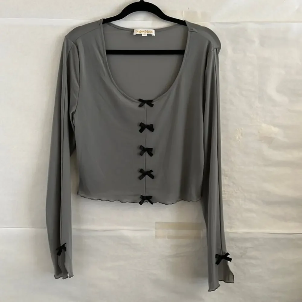 Sugar Moon Gray Mesh Bow Top XL Long Sleeve Ruffle Edge Coquette Y2K Crop - Picture 2 of 11